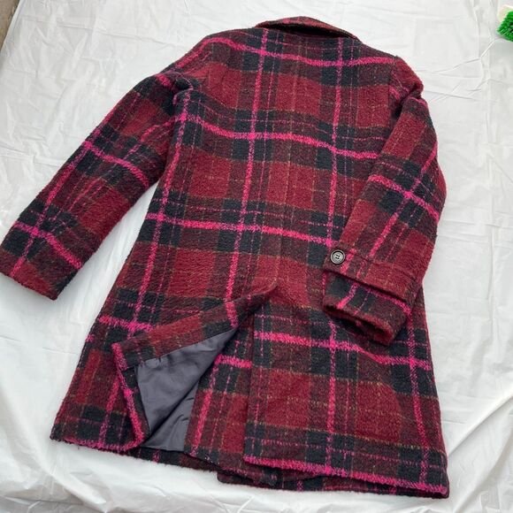 Sam Edelman Pink Red Plaid Coat | Wool Blend Double Breasted Peacoat - Picture 10 of 12